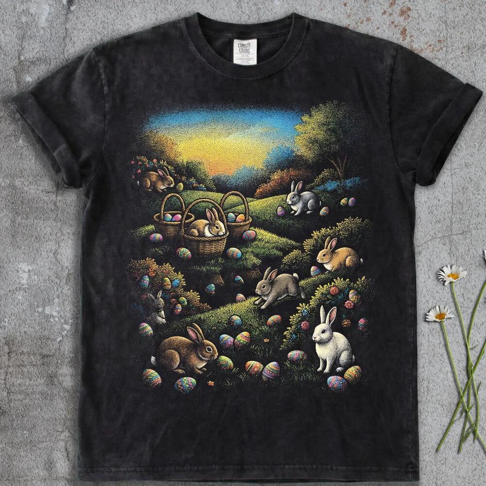 Easter Bunny Egg Hunt Colorful Shirt Retro Graphic 90S Washed Tee